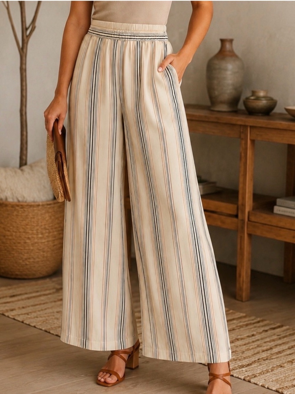 INDUSTRY Wide Leg Striped Linen-Blend Pants - Beige Stripe in size S